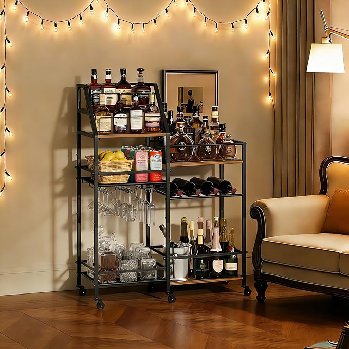 VINAEMO Rolling Bar Cart with Wine Glass Holder, Bar Carts for The Home, Bar Stand for Home, Small Mini Bar for Whiskey Wine, Liquor Cart for Home Bar, Alcohol Cabinet for Bar, Kitchen, Dining Room
