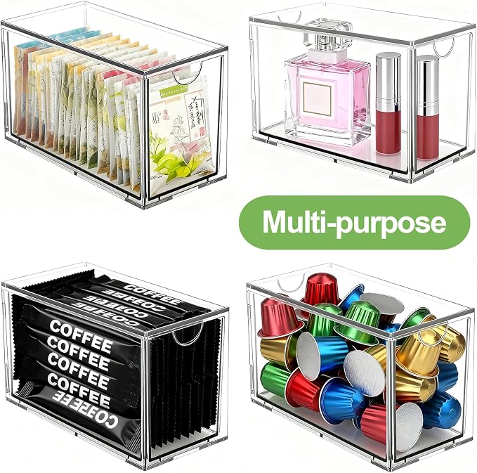 4 Pack Stackable Tea Bag Storage Organizer Drawers – Clear Acrylic Tea Bag Holder for Cabinet, Drawer, Pantry, Countertop – Kitchen Tea Storage Container
