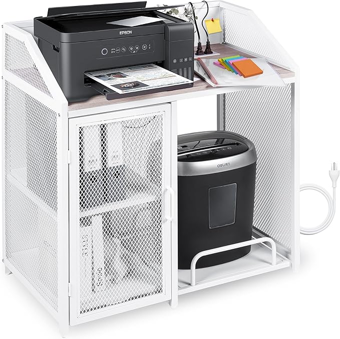 Printer Stand with Shelving for Storage, USB-C, USB-A, & AC Plugs – Space-Saving Open Storage Compartment with Removeable Tray for Paper Shredder/Mini Fridge/Stool for Home or Office
