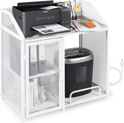 Printer Stand with Shelving for Storage, USB-C, USB-A, & AC Plugs – Space-Saving Open Storage Compartment with Removeable Tray for Paper Shredder/Mini Fridge/Stool for Home or Office