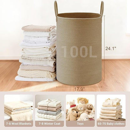 SunNewt Tall Laundry Basket with Handles, 100L Portable Dirty Clothes Hamper, Boho Cotton Rope Storage Bin for Blankets Kids Toys Gifts, Extra Large Organizer for Baby Nursery Bedroom Bathroom, Jute