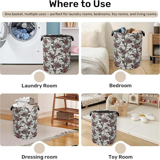 Gothic Thorn Rose Laundry Basket with Handles - Extra Large Foldable Hamper for Bathroom/Laundry/Bedroom/Dorm, Washable Fabric Storage Bin