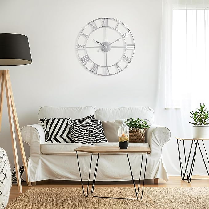 Large Wall Clock for Living Room Decor - 60cm/ 24 Inches Silent Non-Ticking Metal Wall Clocks Battery Operated, Vintage Decorative Modern Wall Clock for Bedroom, Office, Farmhouse Decor