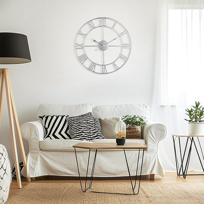 Large Wall Clock - 40cm/ 16 Inches Silent Non-Ticking Metal Wall Clock, Vintage Modern Silver, Battery Operated, Ideal for Living Room, Bedroom, Office, Farmhouse Decor