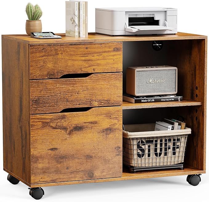 DUMOS Rolling File Cabinet with 3 Drawers, Wood Under Desk Printer Stand with Wheels and Adjustable Shelves, Lateral Filing Cabinet for Home Office, Small Space Storage Organizer, Brown