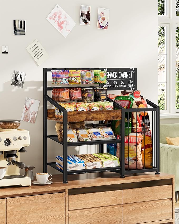 CHOEZON Snack Organizer for Countertop with Elastic Band Storage Basket, 3-in-1 Snack Display Rack with 8 Hooks & Chalkboard, Candy Holder Stand for Store, Party, Rustic Brown and Black TCJ82BF