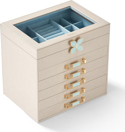 Vee Jewelry Box,6 LayerJewelry Organizer,Jewelry Case with Glass Lid,for Necklaces, Earrings, Watches, Bracelets (6 Levels Grey)