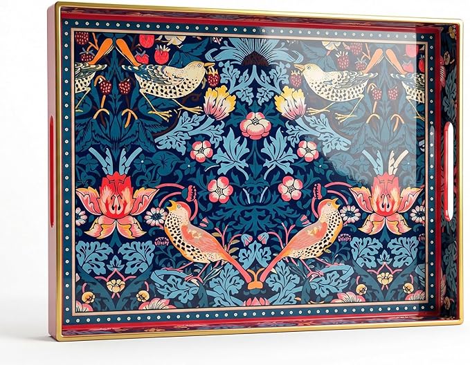 Decorative Tray, Marbling Plastic Tray with Handles, Rectangular Vanity Tray and Serving Tray for Bathroom, Kitchen, Ottoman and Coffee Table (Blue Flower Bird, 15.7 x 11.8 Inch)