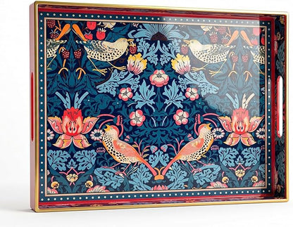 Decorative Tray, Marbling Plastic Tray with Handles, Rectangular Vanity Tray and Serving Tray for Bathroom, Kitchen, Ottoman and Coffee Table (Blue Flower Bird, 15.7 x 11.8 Inch)