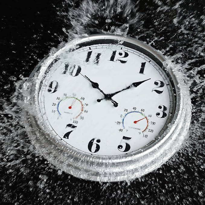 JENLYSTIME 16 Inch Silver Vintage Waterproof Indoor/Outdoor Wall Clock with Thermometer & Hygrometer, Large Numerals & Silent Sweep Movement - Ideal for Porch, Garden, Pool