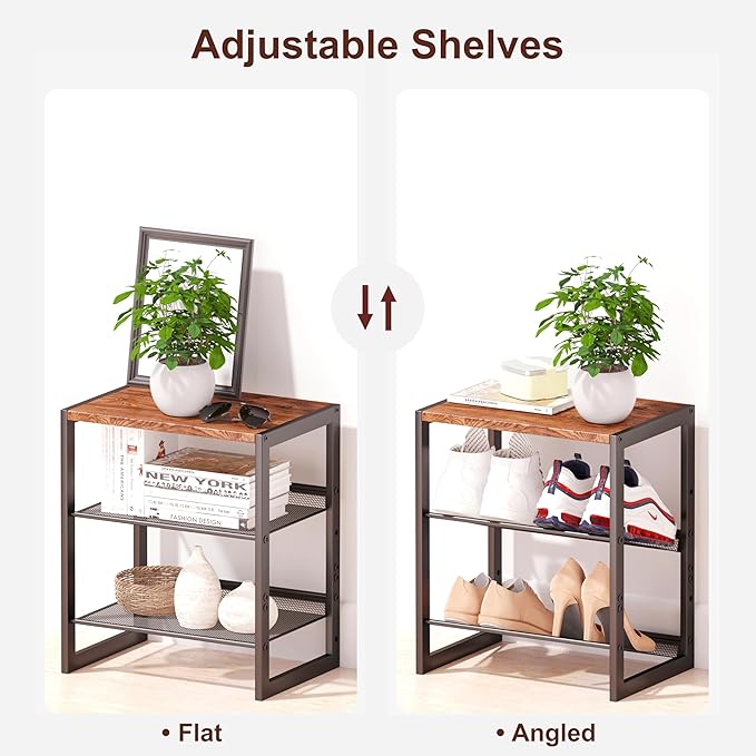 Narrow 3-Tier Shoe Rack, Slim Space-Saving Shelf with Decorative Wood Top & Steel Mesh, Entryway/Closet/Dorm Organizer, 16.5x11.8x19.8 Inches