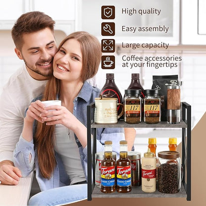 YINMIT Countertop Shelf Organizer,Coffee Bar Accessories,Spice Rack,Coffee Counter Shelf,2 Tier Coffee Organizer Station for Mugs,Cups,Cream,Syrup(Rustic Grey, Large)
