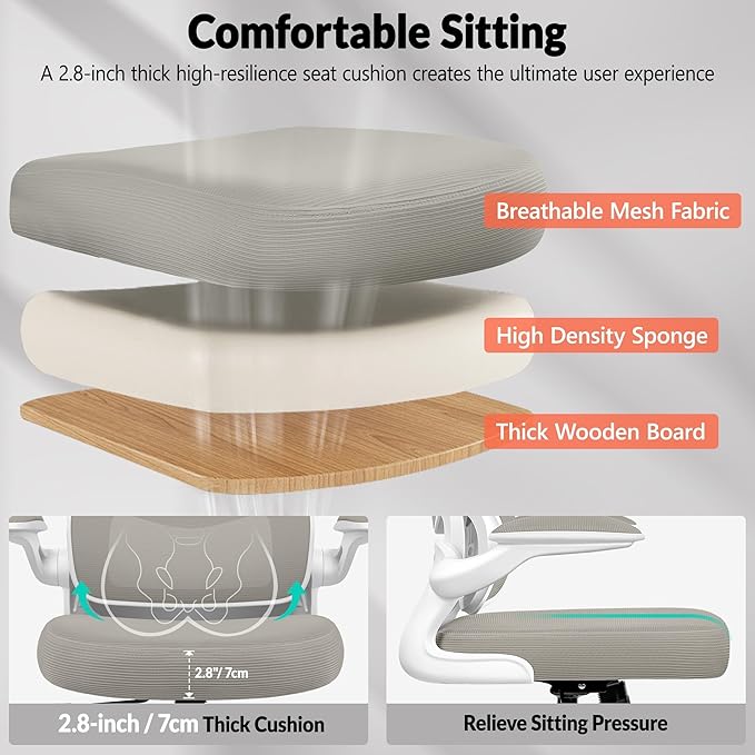 Office Chair Ergonomic Desk Chair, Breathable Mesh Comfy Chair with Lumbar Support, Home Desk Chair with Flip-up Armrests, Gaming Chair for Adults Home Office (LightGray,2Pack)