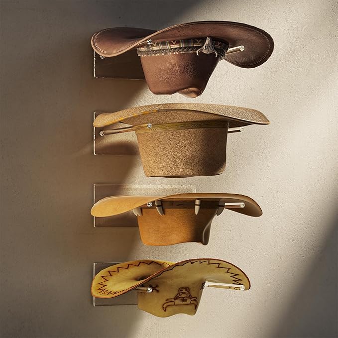 Cowboy Hat Rack for Wall: 4 Pack Acrylic Hat Holder Organizer - Western Rustic Wall Mounted Hat Hanger Stand for Cowboy Hat, Fedora, Sun Hats