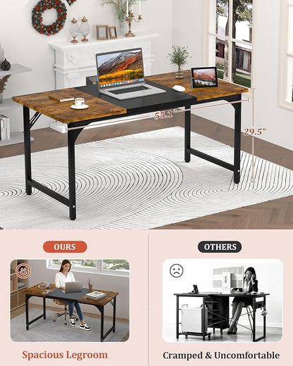 Computer Desk 55.1" Office Desk, Extra Wide 23.62” Carbon Fiber Deep Desktop, 0.59” Thick Heavy-Duty Home Office Desks, Office Table with Steel Frame, Wood Desk for Bedroom Study Writing Gaming Work
