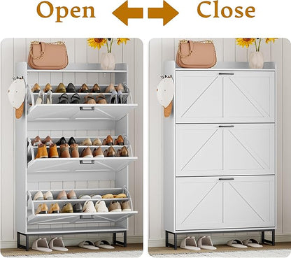 Shoe Cabinet Storage for Entryway, Shoe Storage Cabinet with 3 Flip Drawers, Freestanding Narrow Shoe Rack Organizer with Metal Legs & Side Hook for Foyer, Hallway, White
