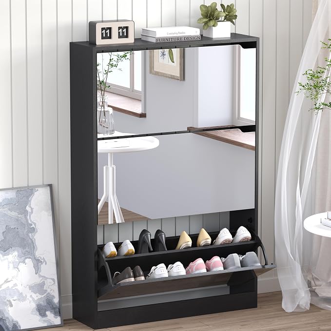 BORNOON Shoe Cabinet with 3-Flip Mirror Drawers, Freestanding Shoe Rack Organizer with Hidden Handle, Slim Narrow Shoe Storage Cabinet for Entryway, Entrance, Hallway, Bedroom
