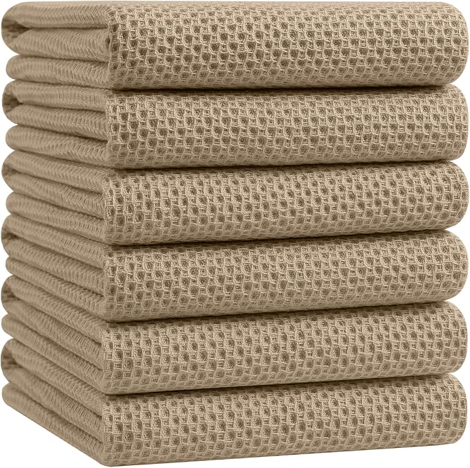 Homaxy 100% Cotton Oversized Waffle Weave Kitchen Dish Towels, Ultra Soft Absorbent Quick Drying Cleaning Towel, 20x28 Inches, 6-Pack, Tan