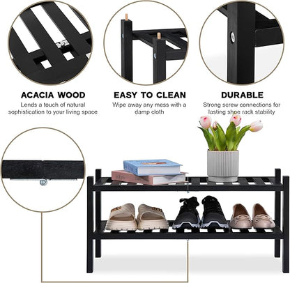 2 Tier Acacia Wood Shoe Rack, Shoe Storage Shelf, Stackable Organizer for Closet, Entryway Shoe Stand, Hallway, Garage, Wooden Shoe Storage Rack, Indoor, Outdoor (Black)