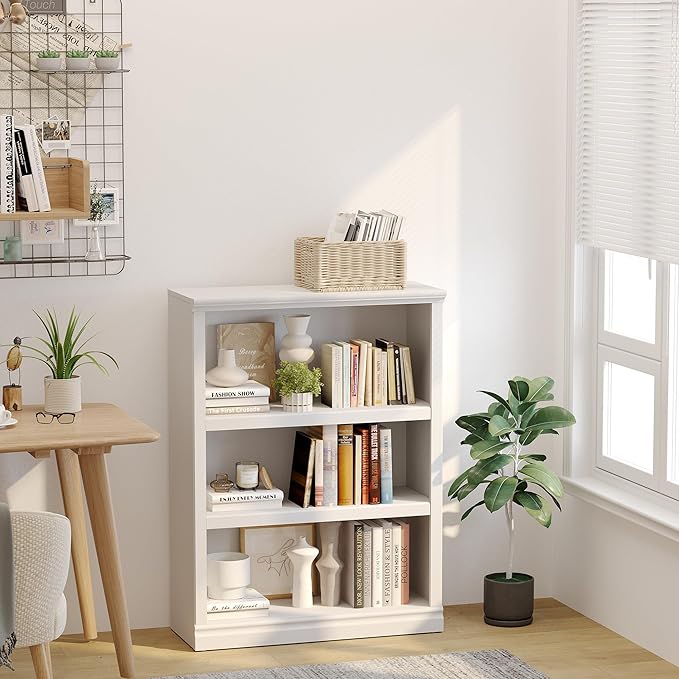 blini 3-Shelf Bookcase White Wooden Bookshelves 33in Wide Floor Standing Display Storage Book Shelves Tall Bookcase for Home Office, Living Room, Bedroom