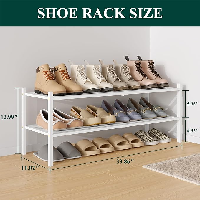 Smiry Long Bamboo Shoe Rack 2-Tier, Stackable Wooden Shoe Organizer for Entryway & Closet, Free Standing Wood Shoe Storage Shelf for Front Door & Small Spaces, White