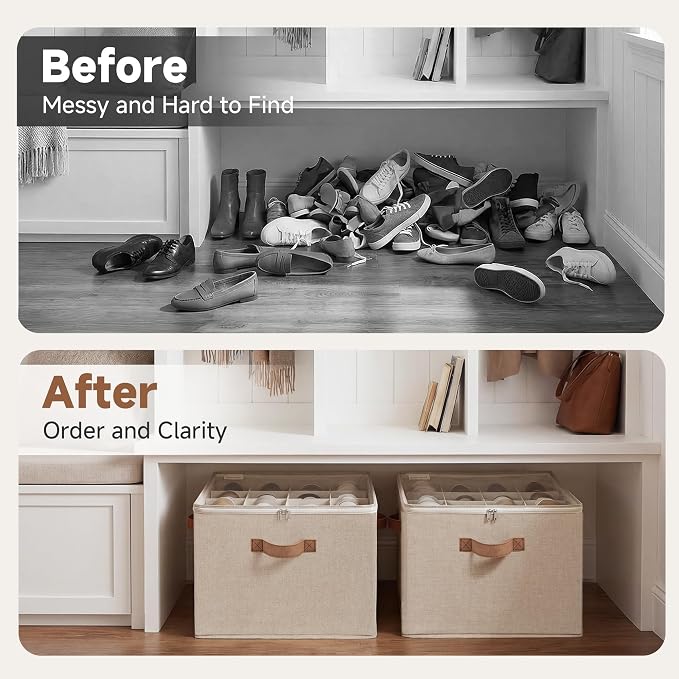 StorageWorks Shoe Organizer for Closet, Shoe Cubby Storage Containers with Adjustable Dividers and Clear Cover, Foldable Shoe Storage Box for Sandals, Sneakers, Fits up to 16 Pairs, Taupe | Fits up to 16 Pairs
