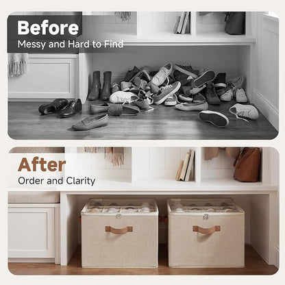 StorageWorks Shoe Organizer for Closet, Shoe Cubby Storage Containers with Adjustable Dividers and Clear Cover, Foldable Shoe Storage Box for Sandals, Sneakers, Fits up to 16 Pairs, Taupe | Fits up to 16 Pairs