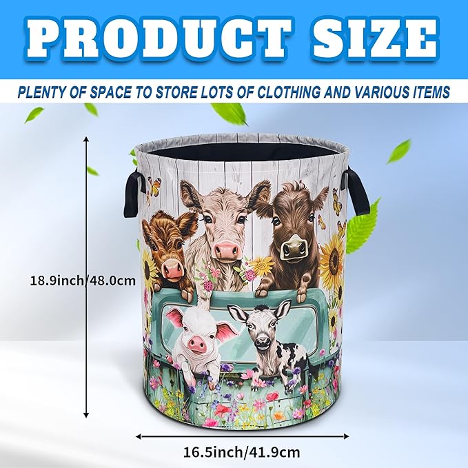 Farm Cow Pigs Laundry Basket Highland Cattle Animals Oxford Cloth Laundry Hamper With Handle Foldable Portable Clothes Storage Basket 18.9 X 16.5 Inch Storage Bag For Laundry Room/Bathroom/Bedroom