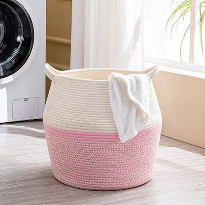KAKAMAY Woven Baskets for Storage(17"x17"),Large Cotton Rope Woven Baby Laundry Hamper,Collapsible Laundry Basket, Blanket Basket for Organizing Living Room,Nursery,Pillows,Toy Chest(Pink)
