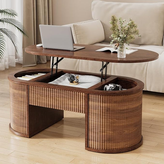Fluted Lift Top Coffee Table with Storage, Oval Living Room Center Table with Hidden Compartment, Modern Mid-Century Wood Coffee Table for Small Spaces, Home Office, Walnut