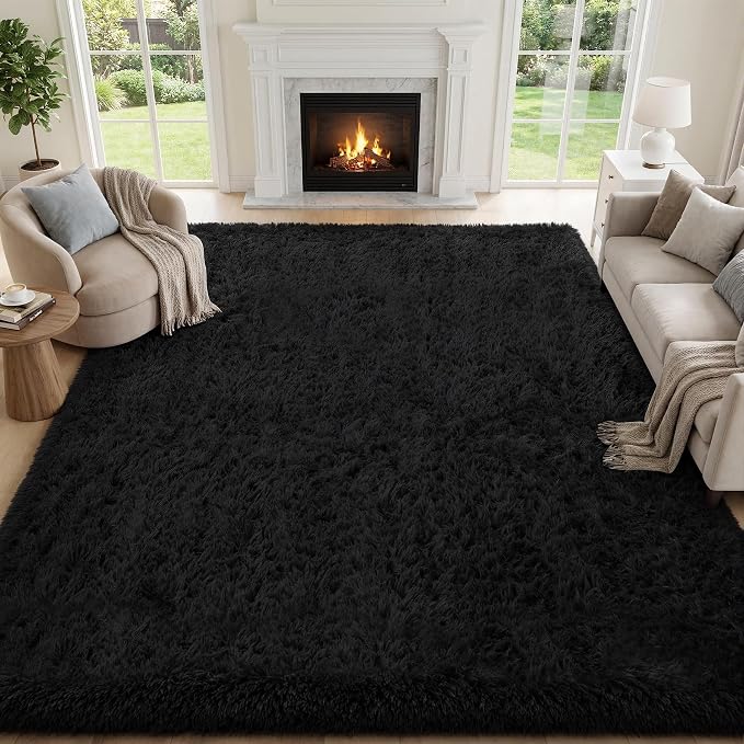 8x10 Area Rugs for Living Room Bedroom: Soft Fluffy Black Shag Upgrade Non-Slip High Pile Carpet Large Fuzzy Plush Indoor Floor Decor Shaggy Rug for Kid Boys Girls Dorms Playroom Nursery Modern Home