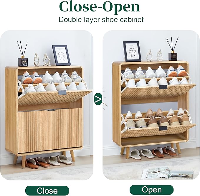Fluted Shoe Cabinet Storage for Entryway,Slim Shoe Cabinet with 2 Flip Drawers, Narrow Shoes Rack Organizer (All Natural, 2 Drawers)
