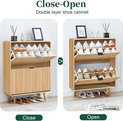 Fluted Shoe Cabinet Storage for Entryway,Slim Shoe Cabinet with 2 Flip Drawers, Narrow Shoes Rack Organizer (All Natural, 2 Drawers)
