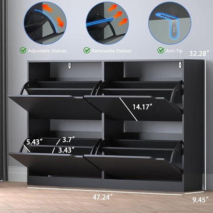 BORNOON Shoe Cabinet with 4 Flip Drawers, Narrow Hidden Shoe Storage Cabinet, Slim Freestanding Shoe Rack Organizer for Entryway, Hallway, Bedroom, Living Room
