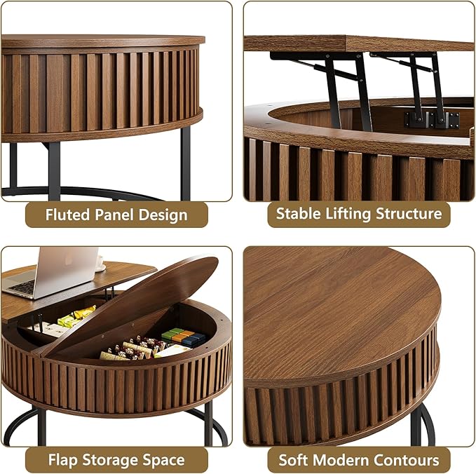 Round Coffee Table with Lift Top - Fluted Wood Center Coffee Tables for Living Room, Lifting Up for Dining, Large Hidden Circle Storage Compartment for Small Spaces, Mid Century Modern, Walnut