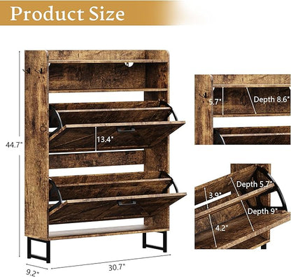 Shoe Cabinet with 2 Flip Drawers, 45" Freestanding Narrow Wood Shoe Storage Cabinet with Metal Legs and Hooks, Slim Shoe Rack Organizer for Entryway, Hallway, Brown