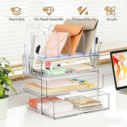 Acrylic Desk Organizer with 4-Vertical File Holder Rack, 3-Clear Drawer and 2 Pen Holders, Desktop Storage for Office Desk Accessories School Classroom Organization (Clear)