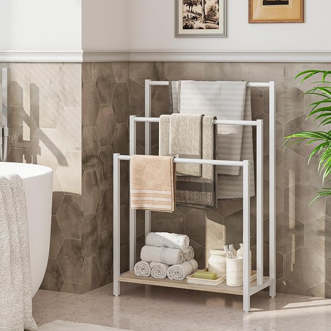 HOOBRO Free Standing Towel Rack, 3 Tier Blanket Rack, Blanket Holder for Bathroom, 16.9" L x 11" W x 31.9" H, Industrial Metal Drying and Display Rack with Shelf, White and Grey WG03LB01