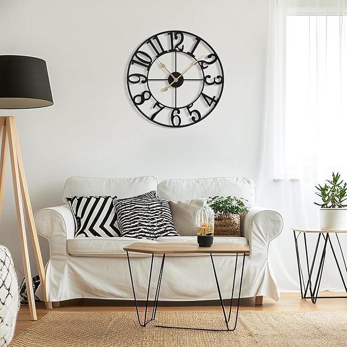 Large Wall Clock for Living Room Decor - 40cm/ 16 Inches Silent Non-Ticking Metal Wall Clocks Battery Operated, Vintage Decorative Modern Wall Clock for Bedroom, Office, Farmhouse Decor