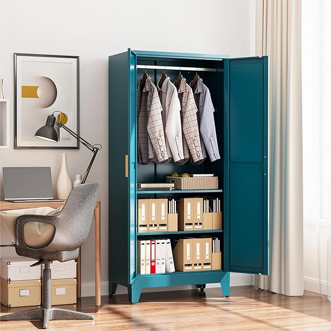 COFaR Armoire Wardrobe Closet, 71" Convertible 2-in-1 Metal Cabinet with Adjustable Rod & Shelves, Freestanding Hanging & Storage Organizer (Peacock Blue)
