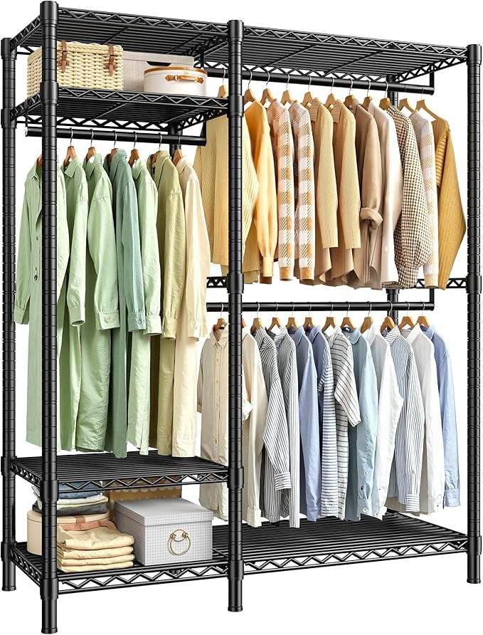 Raybee Portable Closet 780LBS, Heavy Duty Clothes Rack, Freestanding Clothing Rack with 3 Hanging Rods & 6 Shelves, Adjustable Wardrobe Closet Organizer System, Black