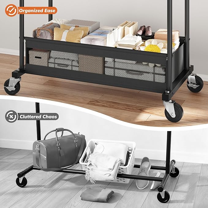 Clothes Rack, Clothing Racks for hanging clothes, Rolling clothes rack with Storage Basket & Heavy Duty Wheels, Double rods clothing rack for Bedroom, Laundry Room, Black