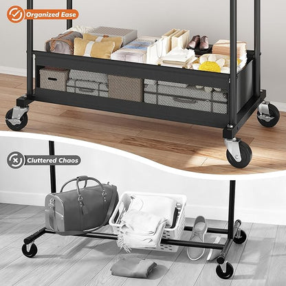 Clothes Rack, Clothing Racks for hanging clothes, Rolling clothes rack with Storage Basket & Heavy Duty Wheels, Double rods clothing rack for Bedroom, Laundry Room, Black