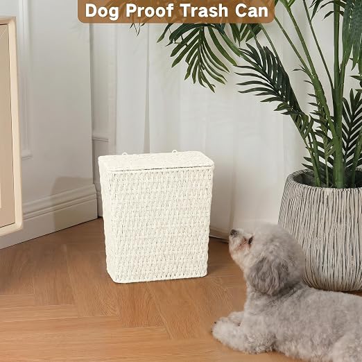 iEGrow Paper Rope Trash Can,Bathroom Trash Can with Lid, 3 Gallon Wicker Waste Basket with Removable Liner, for Bedroom, Living Room, Toilet, Under Sink Creamy White