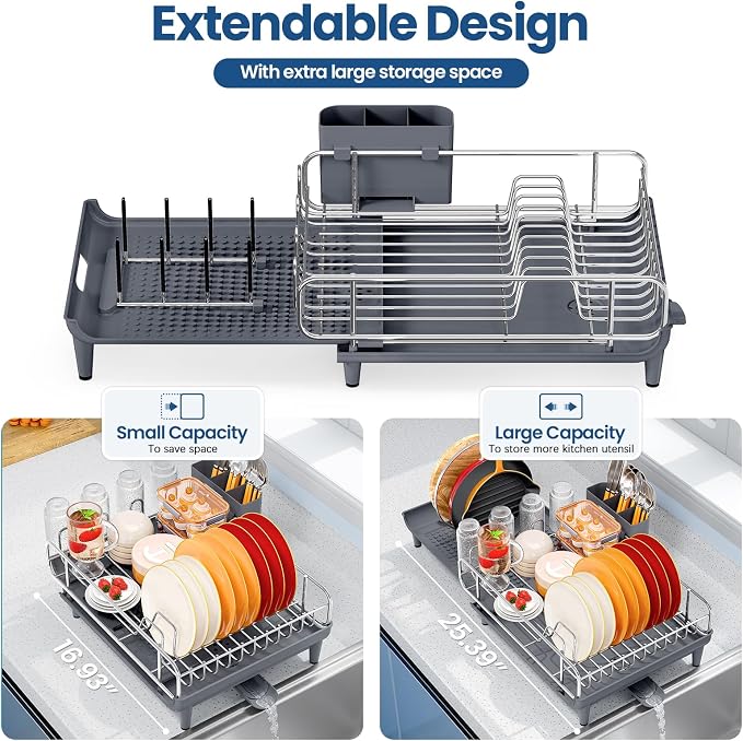 TOOLF Expandable Dish Rack, Dish Drying Rack for Kitchen Counter, Foldable Dish Dryer Rack, Stainless Steel Dish Drainer Racks with Cutlery Holder, Collapsible Dish Drying Racks Large Size,Gray