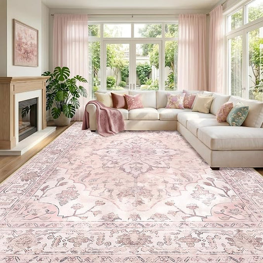 RELEANY Area Rugs Large 9'x12' Washable Non-Slip, Floral Vintage Distress Medallion Carpet for Living Room Bedroom Dining Room, Pink Greypink Cute