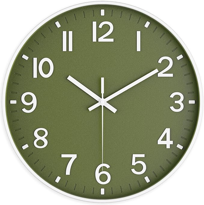 Silent Wall Clock Non-Ticking Battery Operated – Modern Olive Green Analog Wall Clock for Living Room, Kitchen, Office, Bedroom – Stylish Home Wall Decor Clock, 10 Inch