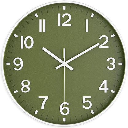 Silent Wall Clock Non-Ticking Battery Operated – Modern Olive Green Analog Wall Clock for Living Room, Kitchen, Office, Bedroom – Stylish Home Wall Decor Clock, 10 Inch