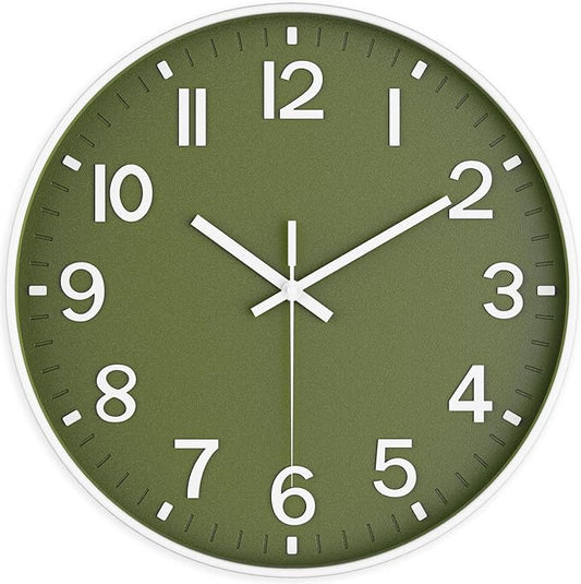 Silent Wall Clock Non-Ticking Battery Operated – Modern Olive Green Analog Wall Clock for Living Room, Kitchen, Office, Bedroom – Stylish Home Wall Decor Clock, 10 Inch