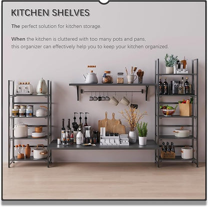 4NM No Assembly Folding Bookshelf Storage Shelves 4 Tiers Vintage Bookcase Standing Racks Study Organizer Home Office (All Black)